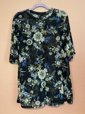 Lane Bryant Black Sheer Floral Tunic with Blue & Cream Accents